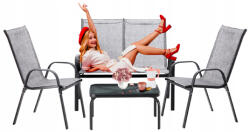 Garden Line Fémvázas kerti bútor szett - Dohányzóasztal + Pad + 2 db szék - Szürke (NEO9924)