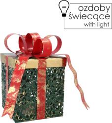 BackHomeLiving Metalikus négyzet alakú karácsonyi dísz LED-es masnival 15 x 12 x 20 cm (POI5241)