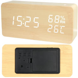 VERK GROUP Multifunkciós USB-s ébresztőóra hőmérővel és higrométerrel, faimitáció (01772)