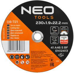 NEO Vágókorong, fémhez, 230x1, 9x22, 2mm, 41A 46 S BF INOX, 25db/cs (08-721)