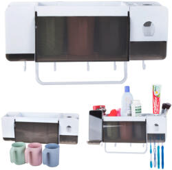 Verk Group Multifunkcionális fürdőszobai szervező: fogkefe- és pohártartó automatikus fogkrémadagolóval, fehér színben (24193)