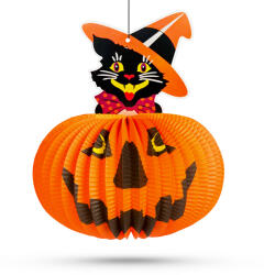 Family Halloween-i tökös lampion - macskával - akasztható - 26 cm (58137A)