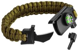 NEO Túlélő karkötő 5 az 1-ben: 3.5m paracord(250kg-ig), kovakő, iránytű, kés, síp, zöld, szélessége 26mm (63-140)