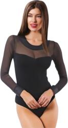 Özkan Hosszú ujjú fekete női body - elegáns műbőr és tüll részletekkel M 112040
