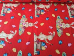  Pamutvászon - 240 cm / Piros alapon húsvéti nyuszi - tojás mintás