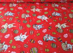  Pamutvászon - 240 cm / piros alapon húsvéti tojás - kis nyuszi mintás