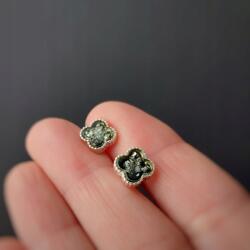  Ezüst Szív alakú, négylevelű lóhere fülbevaló borostyánnal, zöld lóhere