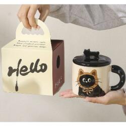  Cana din Ceramica, Flippy, Model in Cutie pentru Cadou, Cana pentru Ceai, Cafea, Cana Retro Design Capac cu Figurina 3D, 9.5 x 8 x 8 cm, 360 ml, Bej, Print Pisica Maro Negru (134666)