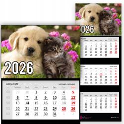 Plaka_TY Háromrészes naptár 2026-re Kutya és cica prémium virágokkal |Minták (Piesek i Kotek w kwiatach)