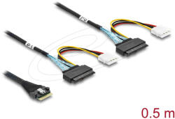 Delock PCIe 4.0 kábel Slim SAS SFF-8654 8i 2 x U. 2 SFF-8639 hüvely + tápcsatlakozó, 0, 5 m (82296)