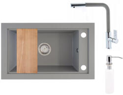 NERO Gránit Mosogató Nero Panama + Kihúzható Linea Csaptelep + Vágódeszka + Adagoló Szürke