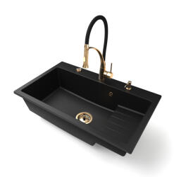 NERO Gránit Mosogatótálca NERO Boss + Duo-Flex Arany Csaptelep + Arany Adagoló + Arany Dugóemelő Matt Fekete