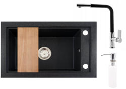 NERO Gránit Mosogató Nero Panama + Kihúzható Linea Csaptelep + Vágódeszka + Adagoló Szemcsés Fekete
