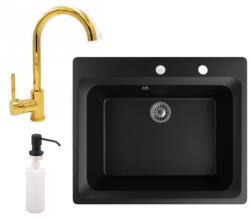 NERO Gránit Mosogató NERO Italia + Magasított Arany Csaptelep + Adagoló Matt Fekete