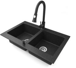 NERO Gránit Mosogatótálca NERO Verso + Kihúzható Zuhanyfejes Snake Csaptelep + Adagoló (fekete)