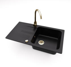 NERO Gránit Mosogató NERO Malta + Magasított Arany Csaptelep + Dugóemelő Matt Fekete