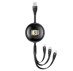 USAMS U69 Adatkábel 3in1 Usb - Type-C/Lightning/Microusb, Csévélhető, Fekete