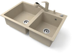 NERO Gránit Mosogatótálca Nero Palazzo + Kihúzható Zuhanyfejes Shower Csaptelep + Adagoló + Dugókiemelő Bézs