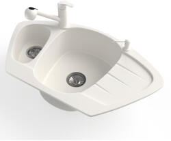 NERO Gránit Mosogató Nero Compact + Kihúzható Zuhanyfejes Shower Csaptelep + Adagoló Fehér