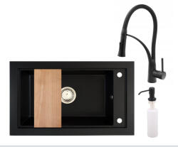 NERO Gránit Mosogató Nero Panama + Duo-Flex Csaptelep + Vágódeszka + Adagoló Fekete