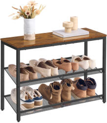 VASAGLE Cipőtároló polc 3 szintes, fém hálós polcokkal, rusztikus barna 100x30x90cm (LBS043KD01)