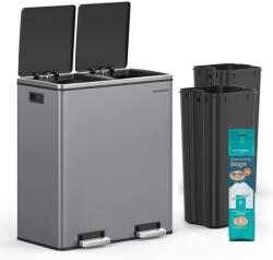 SONGMICS Szelektív szemeteskuka 2x30L, fém, 2 rekeszes, pedálos, lágyan záródó, antracit (LTB060GD03)