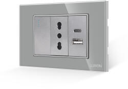 Luxion Intrerupator Simplu + Priza Ingusta si USB A+C cu Rama din Sticla LUXION, Standard Italian, 3M - culoare gri