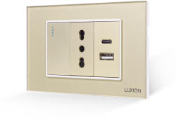 Luxion Intrerupator Simplu + Priza Ingusta si USB A+C cu Rama din Sticla LUXION, Standard Italian, 3M - culoare auriu