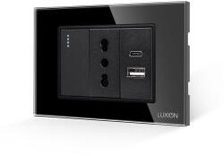 Luxion Intrerupator Simplu + Priza Ingusta si USB A+C cu Rama din Sticla LUXION, Standard Italian, 3M - culoare negru