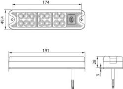 Dasteri Hátsólámpa keskeny 3 funkciós (Hj. +Fék+Index) 14LED-es 191x50mm, vast. : 28mm, furattáv. : 174mm - DSL-4010 (DSL-4010FR) - szervizfelszereles