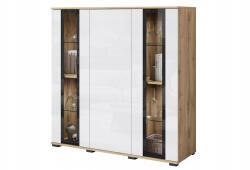  Modern, magas, 120 cm-es vitrinszekrény Wotan/fényes fehér üvegezéssel és LED világítással