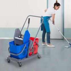 Homcom professzionális tisztító szett, kocsi, 2 db 25 literes vödör, kék-piros