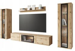  Modern nappali felső szekrény 2 vitrines szekrénnyel, TV-szekrény 180 cm, Wotan tölgyfa, LED-del