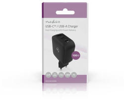 Nedis WGCHA100WBK töltő 100 W, GaN, PD3.0, QC 2, 5 / 3, 0 / 5, 0 A, Kimenetek száma: 3, USB-A / 2x USB-C, fekete (WGCHA100WBK)