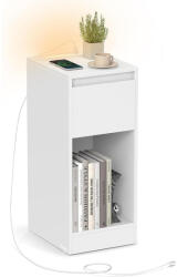 VASAGLE Keskeny éjjeliszekrény töltőállomással és LED-fénnyel, USB portokkal, fehér (LET610W01)