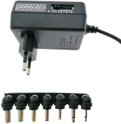 Energenie AC-DC 24W, Univerzális adapter, 7 csatlakozóval, Teljesítmény 3 V-tól 12 V-ig, maximum 2 A, 120 cm, Védelemmel, Fekete
