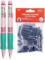 DACO Set 2 stilouri Daco Duo Color, Grip ambidextru reglabil + 50 rezerve cerneala, Roz (STL8)