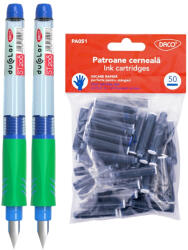 DACO Set 2 stilouri Daco Duo Color, Grip ambidextru reglabil + 50 rezerve cerneala, Albastru (STL7)