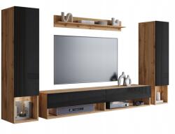  Nappali függeszték szett: oszlopok, TV szekrény, polc, wotan/fényes fekete LED-del