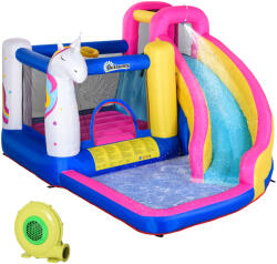 Outsunny Felfújható Kastély Játszóház, Óriás és Trambulin 4 Gyerek Számára Csúszdával, Medencével és Kosárlabdapalánkkal
