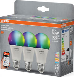 OSRAM 3 Becuri LED RGB inteligente Osram SMART+ Matter over WiFi Classic Multicolour A , E27, 9W (60W), 806 lm, lumina alba si color (2700-6500K) (000004099854529801)