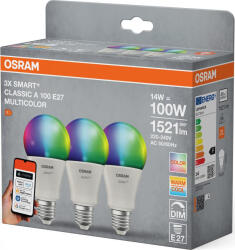 OSRAM 3 Becuri LED RGB inteligente Osram SMART+ Matter over WiFi Classic Multicolour A , E27, 14W (100W), 1521 lm, lumina alba si color (2700-6500K (000004099854529825)