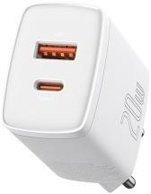 Baseus COMPACT hálózati töltő USB+Type-C aljzat (20W, PD gyorstöltő 3.0) FEHÉR (109417)