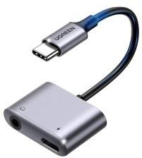UGREEN audió adapter és töltőkábel (elosztó, Type-C+3.5mm jack aljzat - Type-C, 10cm) VILÁGOSSZÜRKE
