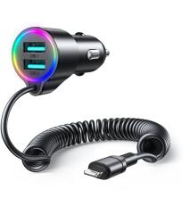 JOYROOM autós töltő 2 USB aljzat (17W, PD gyorstöltő 5.0 + fix lightning kábel) FEKETE (140545)