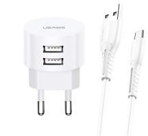 USAMS T20 hálózati töltő 2 USB aljzat (10W, gyorstöltő + Type-C kábel) FEHÉR