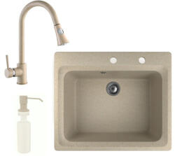 NERO Gránit Mosogató NERO Italia + Kihúzható Zuhanyfejes Snake Csaptelep + Adagoló + Bézs