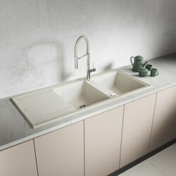 Laveo MEGALO kétmedence csepptálcás jázmin mosogató dugókiemelős helytakarékos szifonnal (SBE_J21T) - watermarkt