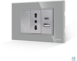 Luxion Intrerupator Simplu Cap Scara + Priza Ingusta si USB A+C cu Rama din Sticla LUXION, Standard Italian, 3M - culoare gri
