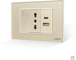 Luxion Intrerupator Simplu Cap Scara + Priza Ingusta si USB A+C cu Rama din Sticla LUXION, Standard Italian, 3M - culoare auriu